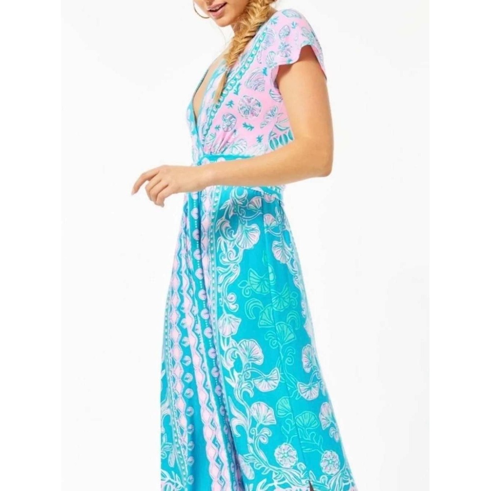 Lilly Pulitzer Esmarella Maxi Dress Large Pink Blue Shell Print Faux Wrap Boho - Picture 6 of 16